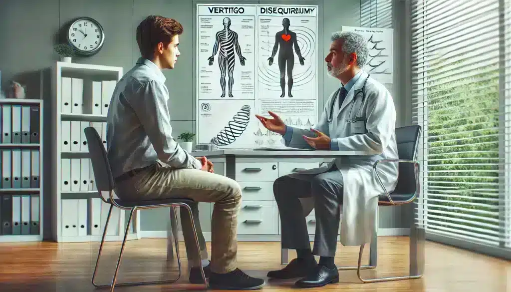 A doctor discussing different types of dizziness, including vertigo and disequilibrium, with a patient in a clinical setting. The scene highlights the importance of understanding and diagnosing different types of dizziness.