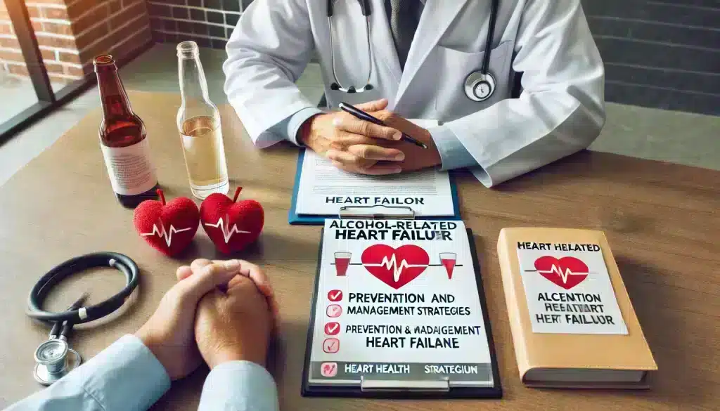 Prevention and management of alcohol-related heart failure: A doctor advising a patient with heart health brochures and a clipboard.