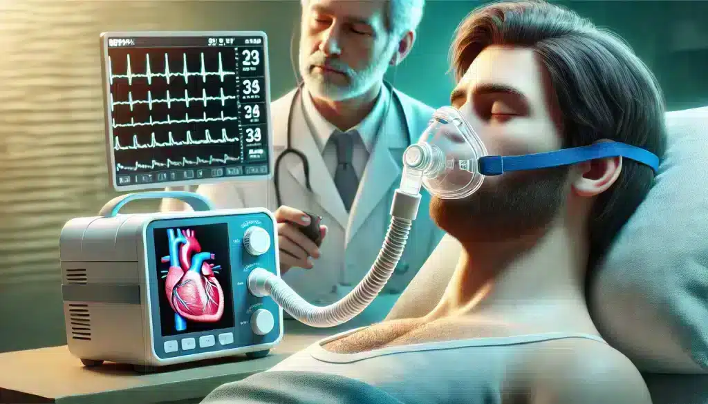 Doctor monitoring a patient’s heart rhythm while using a CPAP machine for sleep apnea. This highlights the connection between sleep apnea and heart arrhythmias like ventricular arrhythmias.