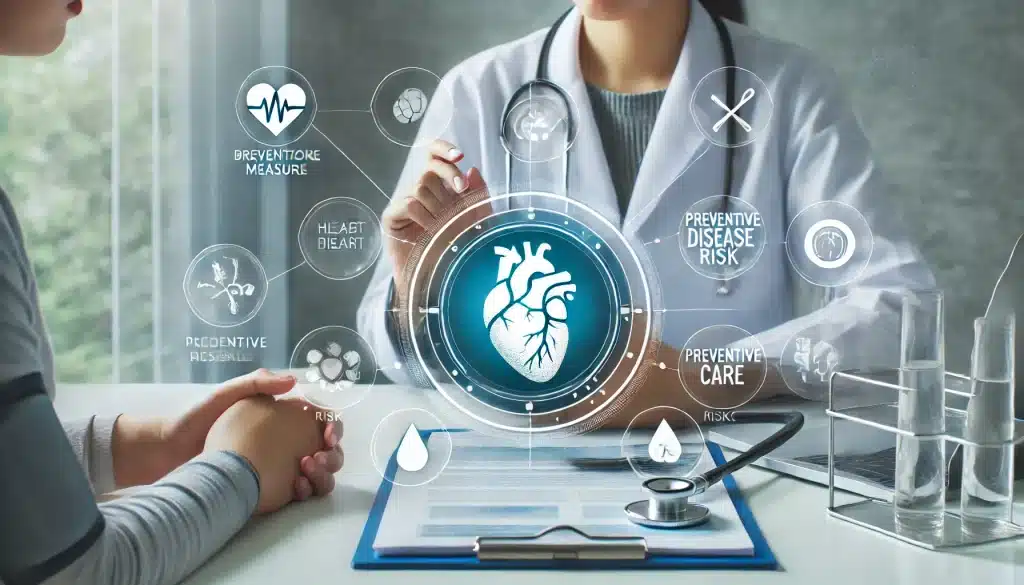 Doctor discussing preventive measures to reduce heart disease risk with a patient, featuring medical tools like stethoscopes and charts explaining heart health.