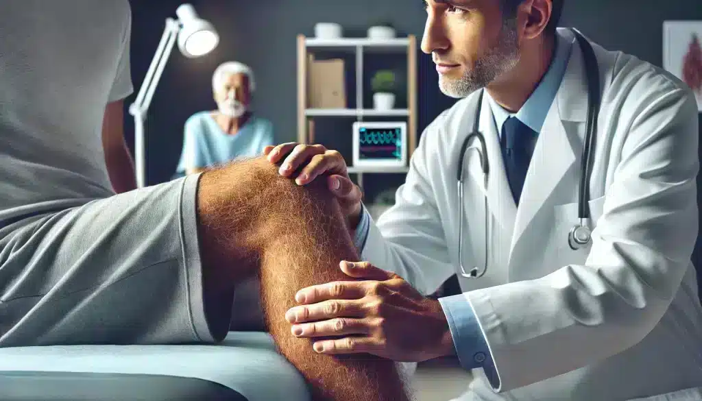 Doctor performing a check-up on a patient with leg swelling, assessing pitting edema in a modern clinical setting, emphasizing the importance of medical evaluation for heart-related swelling.