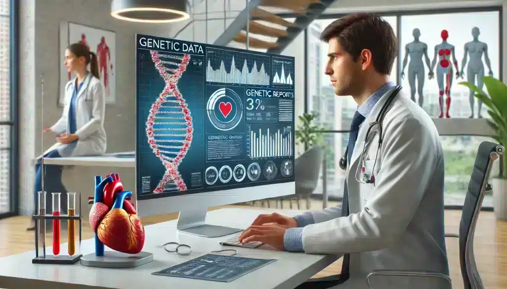 A doctor reviewing genetic data to create personalized cardiac treatments, highlighting the role of genetics in cardiology research.