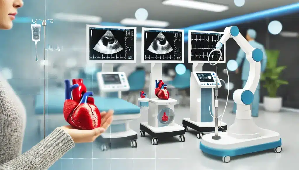 Emerging technologies in heart disease treatment, featuring advanced devices like 3D echocardiography, robotic surgical tools, and digital diagnostics in a modern cardiology lab, illustrating the latest innovations in heart disease treatments.