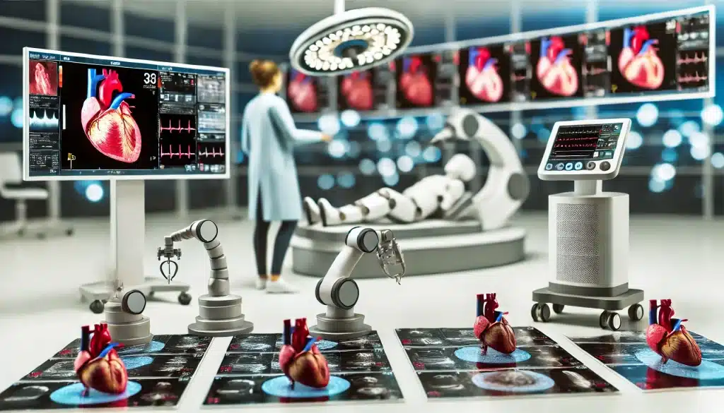 Emerging technologies in heart disease treatment, featuring advanced devices like 3D echocardiography, robotic surgical tools, and digital diagnostics in a modern cardiology lab, illustrating the latest innovations in heart disease treatments.