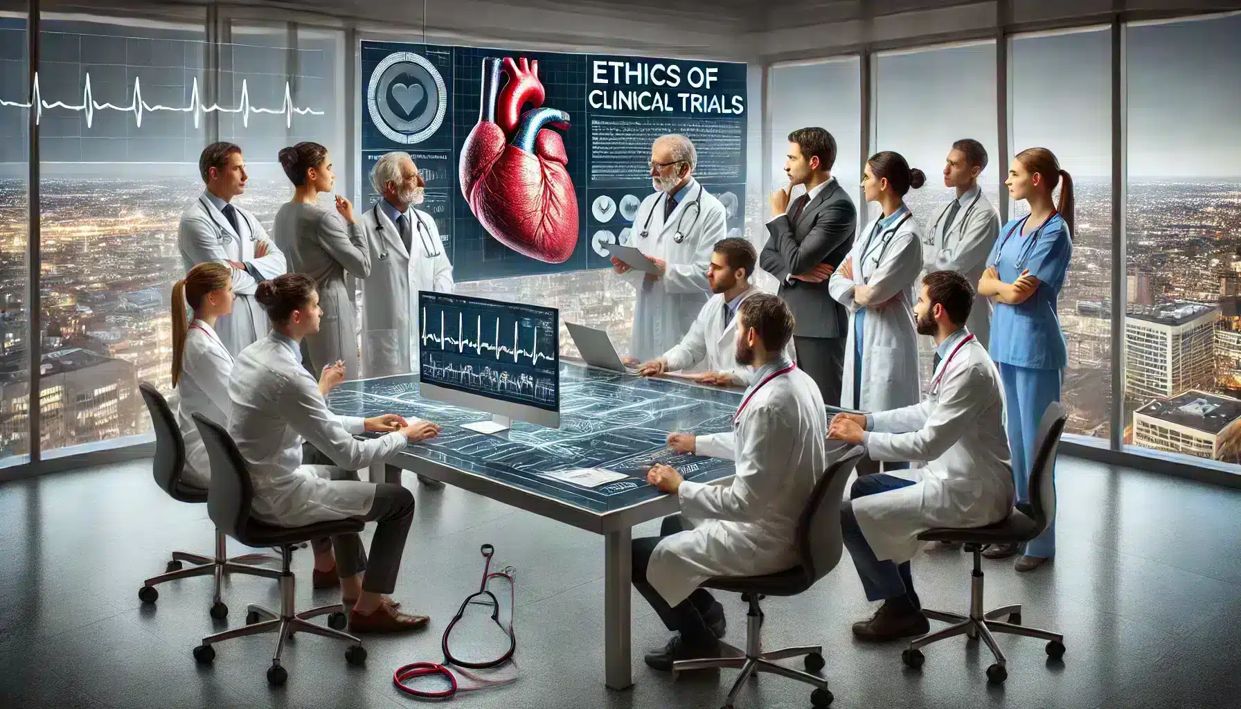 Illustration representing the ethics of clinical trials in cardiology, featuring symbolic elements like a heart, medical research equipment, and an abstract representation of ethical guidelines.