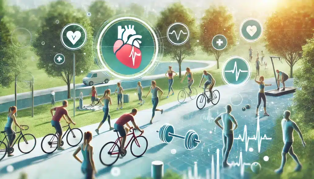 Individuals engaging in various physical activities like walking and cycling, representing exercise recommendations for optimal heart health.