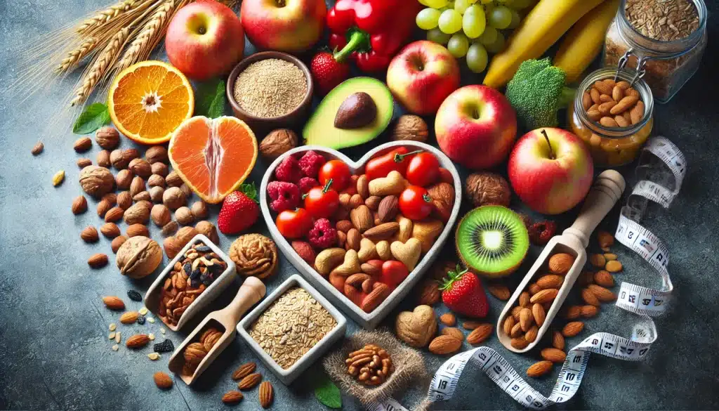 Foods that support heart health including fruits, nuts, and whole grains. heart-healthy weight loss