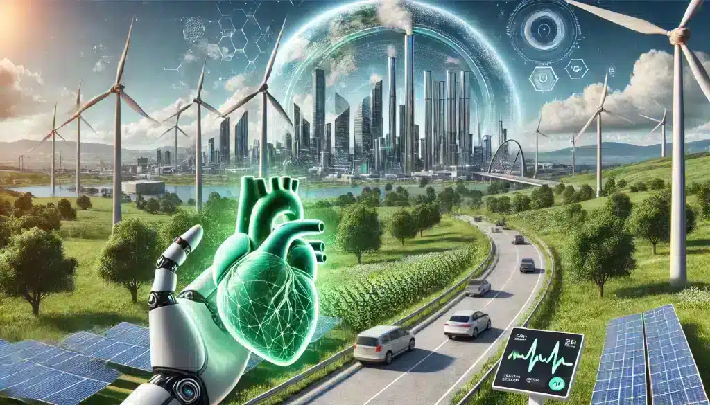 A futuristic cityscape showcasing green technology innovations like wind turbines, solar panels, and clean energy vehicles, with a digital heart monitor display in the foreground. The image symbolizes the intersection of technological advancements in healthcare and environmental sustainability, representing a hopeful and healthier future influenced by research in climate change and cardiovascular health.