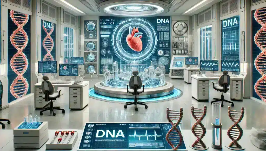 A futuristic laboratory scene with advanced genetic tools, representing the future of genetics in cardiology research.