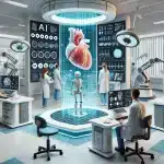 Innovations in Pediatric Heart Defects: A realistic image of a futuristic pediatric cardiology clinic with doctors using AI-driven diagnostics, robotic-assisted surgery tools, and 3D printed heart models, emphasizing precision and advanced treatment methods.