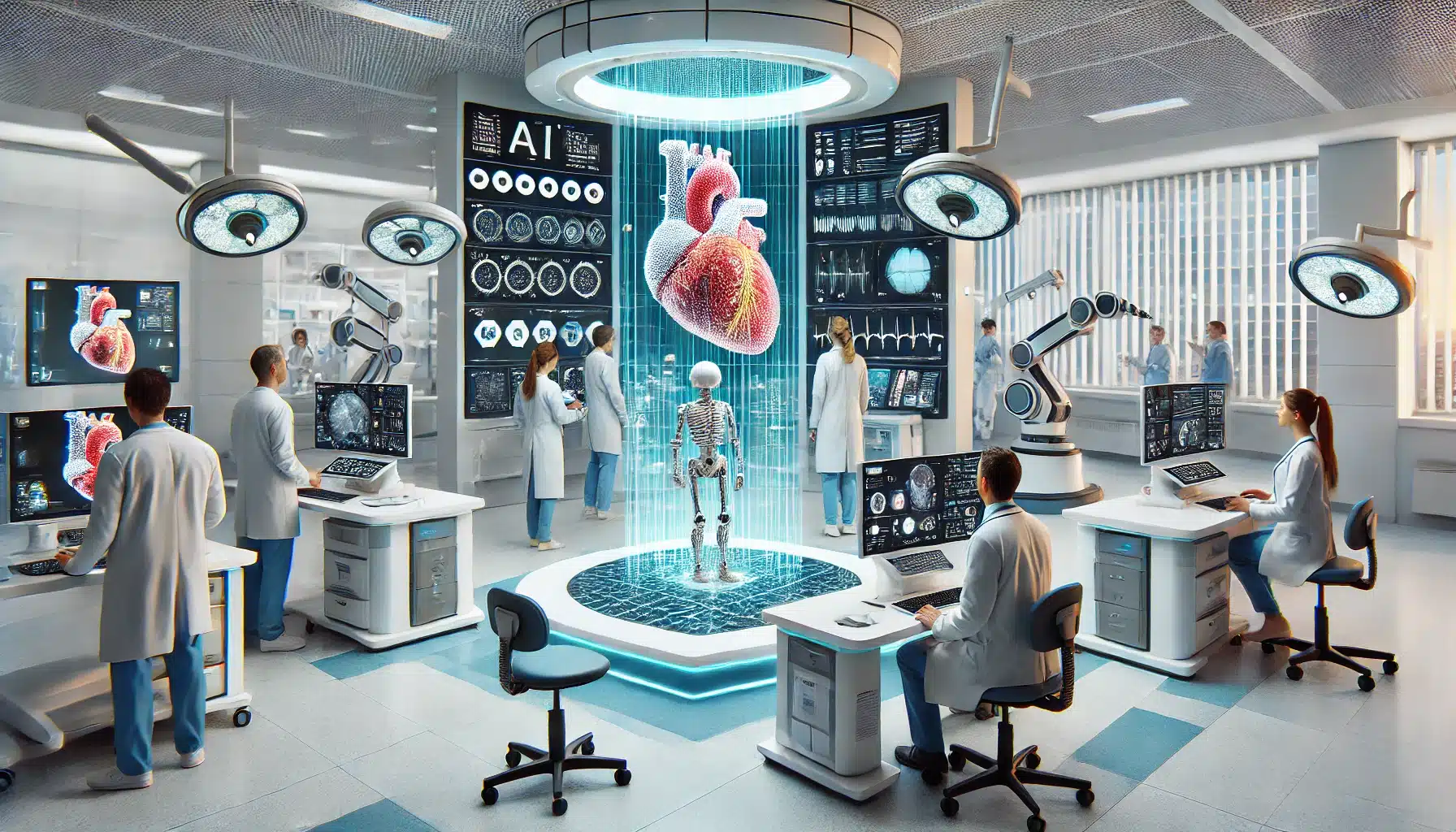 Innovations in Pediatric Heart Defects: A realistic image of a futuristic pediatric cardiology clinic with doctors using AI-driven diagnostics, robotic-assisted surgery tools, and 3D printed heart models, emphasizing precision and advanced treatment methods.