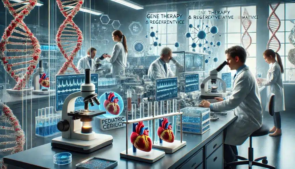 Innovations in Pediatric Heart Defects: A realistic depiction of a gene therapy and regenerative medicine lab, showcasing scientists and medical professionals working on advanced treatments for pediatric heart defects using genetic sequencing and stem cell cultures.