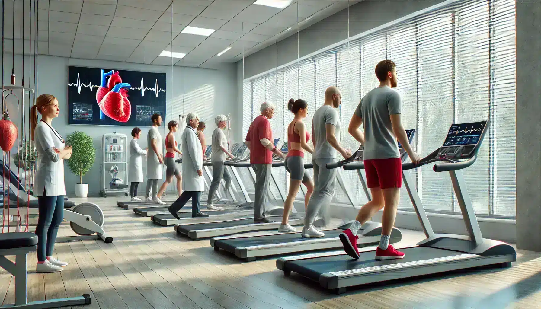 Cardiac rehabilitation for CAD patients during a supervised exercise session in a rehabilitation gym.