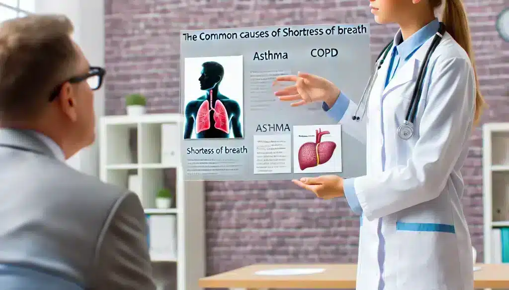 Common Causes of Shortness of Breath discussed by a healthcare professional in a clinical setting, including conditions like asthma, COPD, and cardiovascular issues.