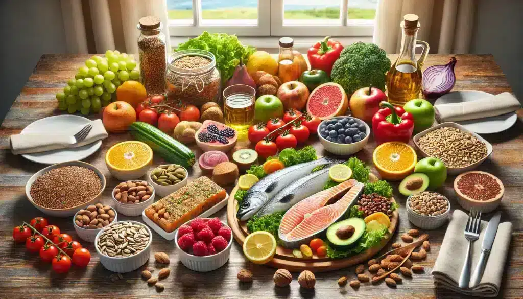 Healthy Eating Habits for Managing High Cholesterol - A vibrant and colorful arrangement of fresh fruits, vegetables, whole grains, nuts, seeds, lean proteins, and olive oil on a wooden dining table, emphasizing a balanced diet to promote heart health and lower cholesterol naturally.