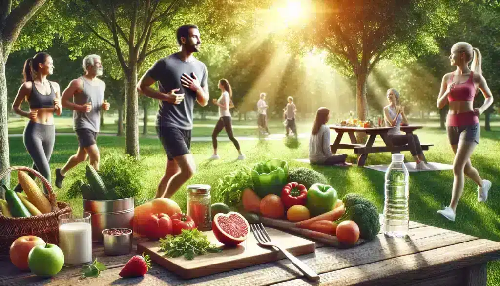 A diverse group of people engaging in heart-healthy activities, including jogging, meal preparation with vegetables and fruits, yoga or meditation, and hydration in a vibrant park setting, symbolizing well-being and heart health.