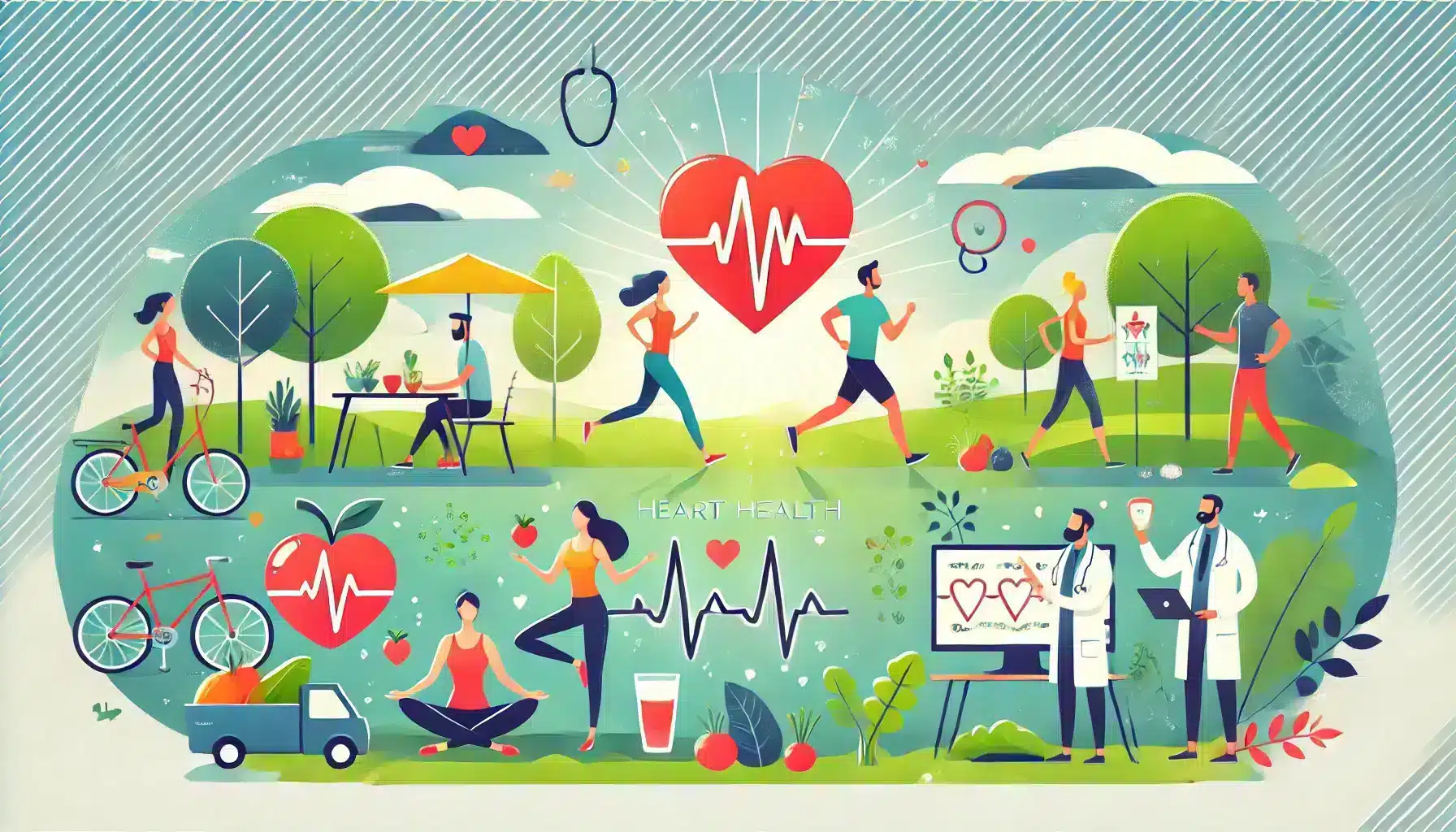 A diverse group of people engaging in heart-healthy activities, including jogging, meal preparation with vegetables and fruits, yoga or meditation, and hydration in a vibrant park setting, symbolizing well-being and heart health.