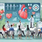 Doctor explaining new heart health guidelines to patients, emphasizing heart health through medical charts, healthy lifestyle choices, and heart anatomy.