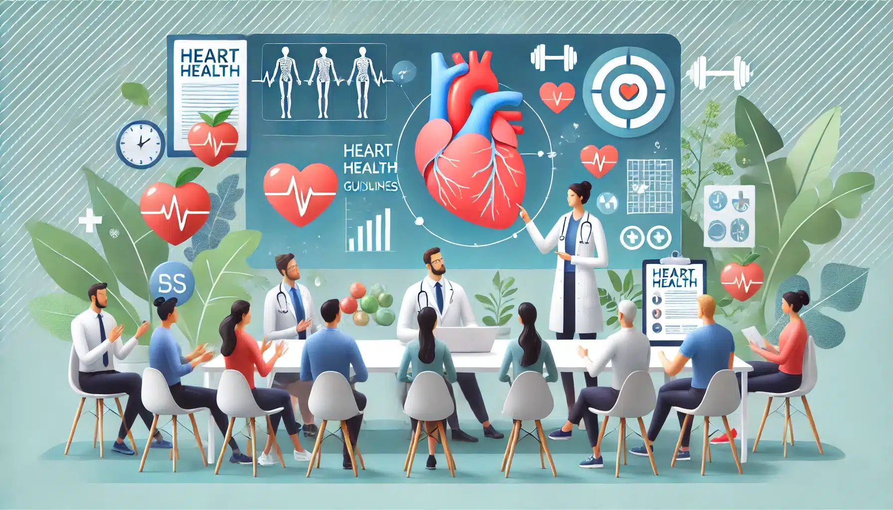 Doctor explaining new heart health guidelines to patients, emphasizing heart health through medical charts, healthy lifestyle choices, and heart anatomy.