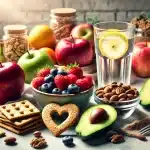 A variety of heart-healthy snacks including fresh fruits, mixed nuts, whole grain crackers with avocado, and a glass of water with lemon slices, arranged on a table in a bright and clean setting, emphasizing a healthy and balanced lifestyle