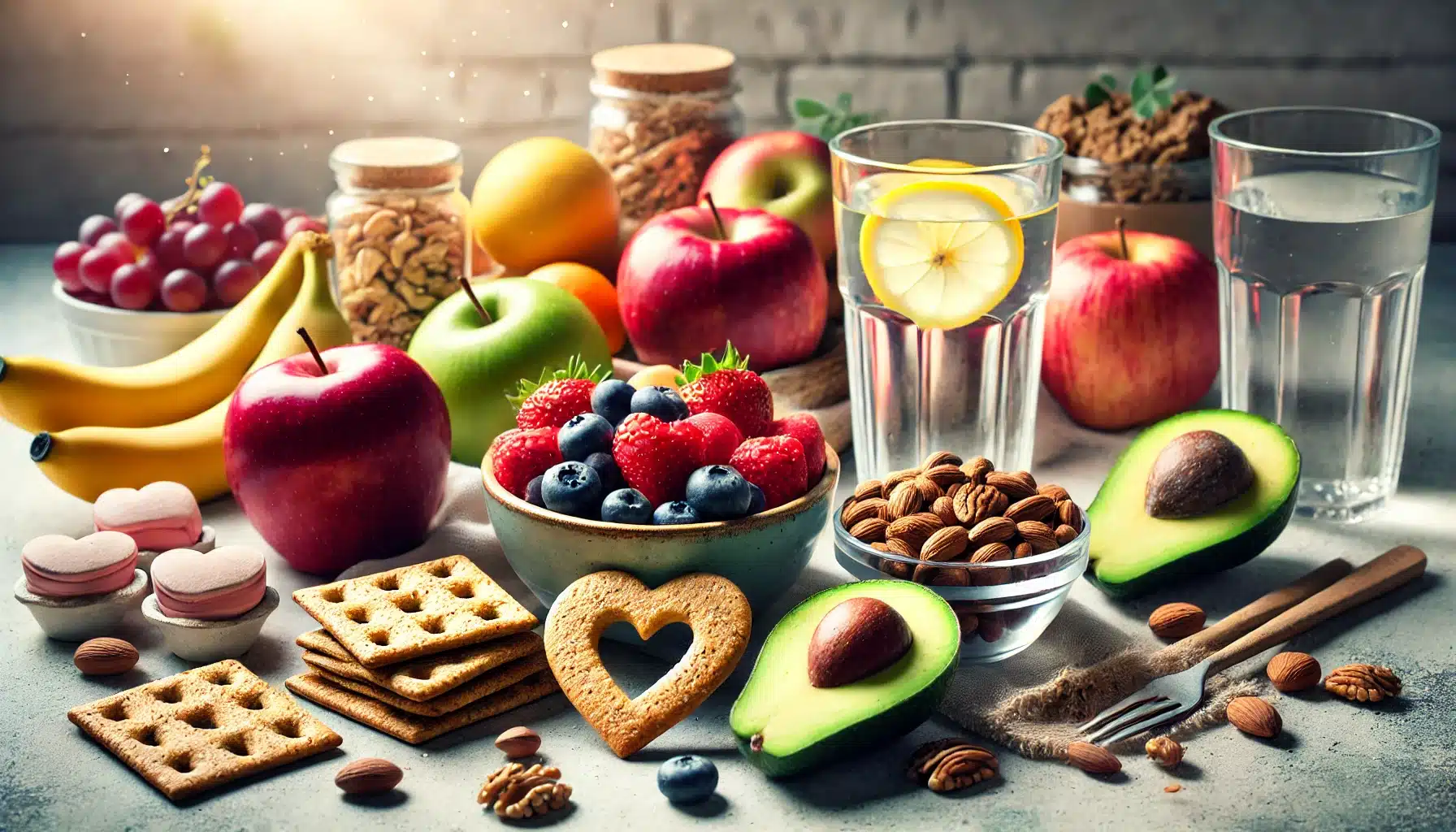 A variety of heart-healthy snacks including fresh fruits, mixed nuts, whole grain crackers with avocado, and a glass of water with lemon slices, arranged on a table in a bright and clean setting, emphasizing a healthy and balanced lifestyle