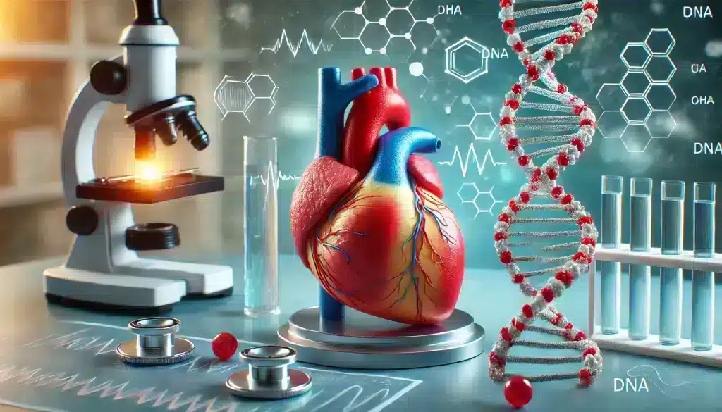 A heart model next to a DNA helix, representing genetic factors influencing heart disease in cardiology research.