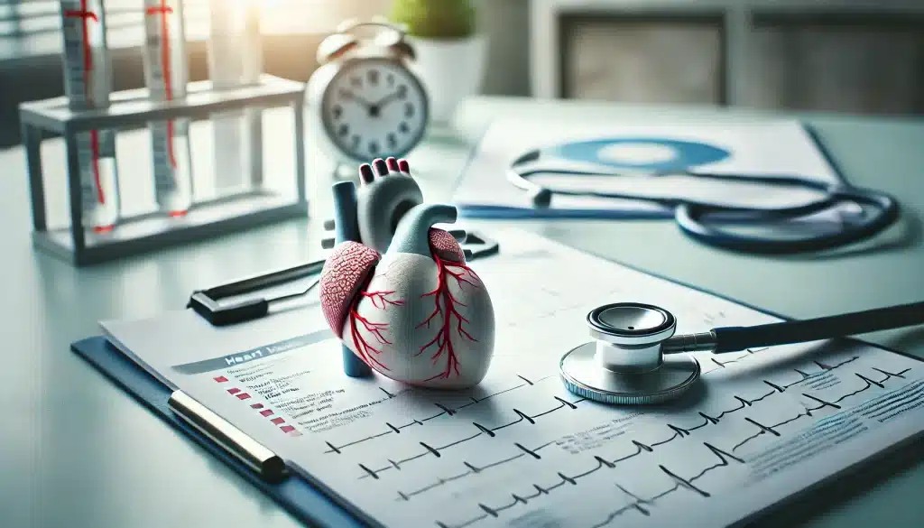 A heart model and medical tools, representing the understanding of heart failure and its diagnosis in a clinical setting.