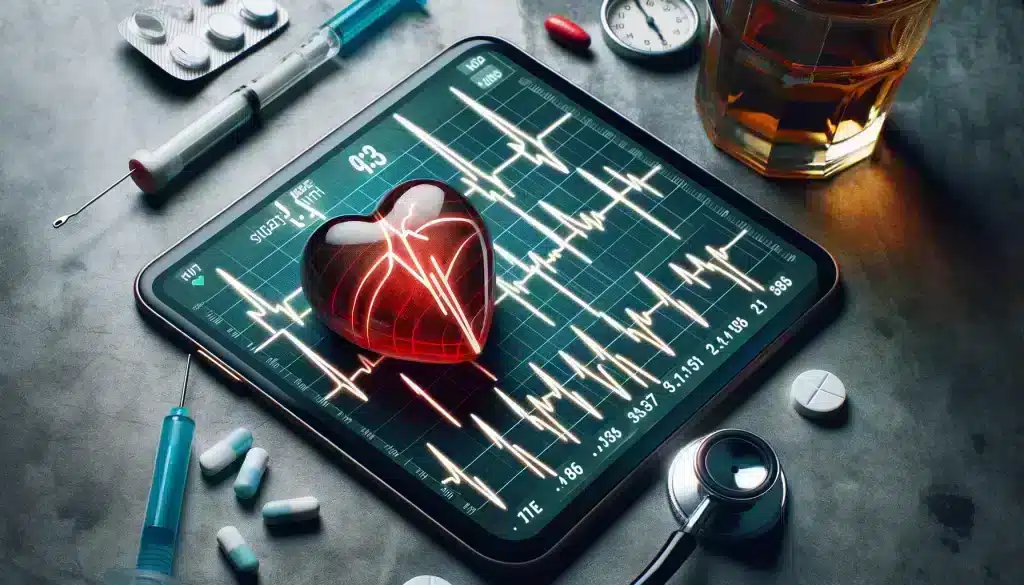 The impact of alcohol on heart health: A heart monitor displaying irregular heartbeat data, symbolizing short-term and long-term cardiovascular effects.