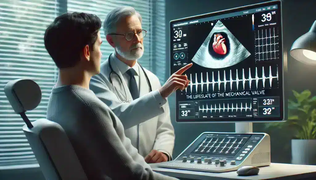 A heart patient discussing the lifespan of a mechanical heart valve with a cardiologist, illustrating the importance of regular follow-ups in valve care.