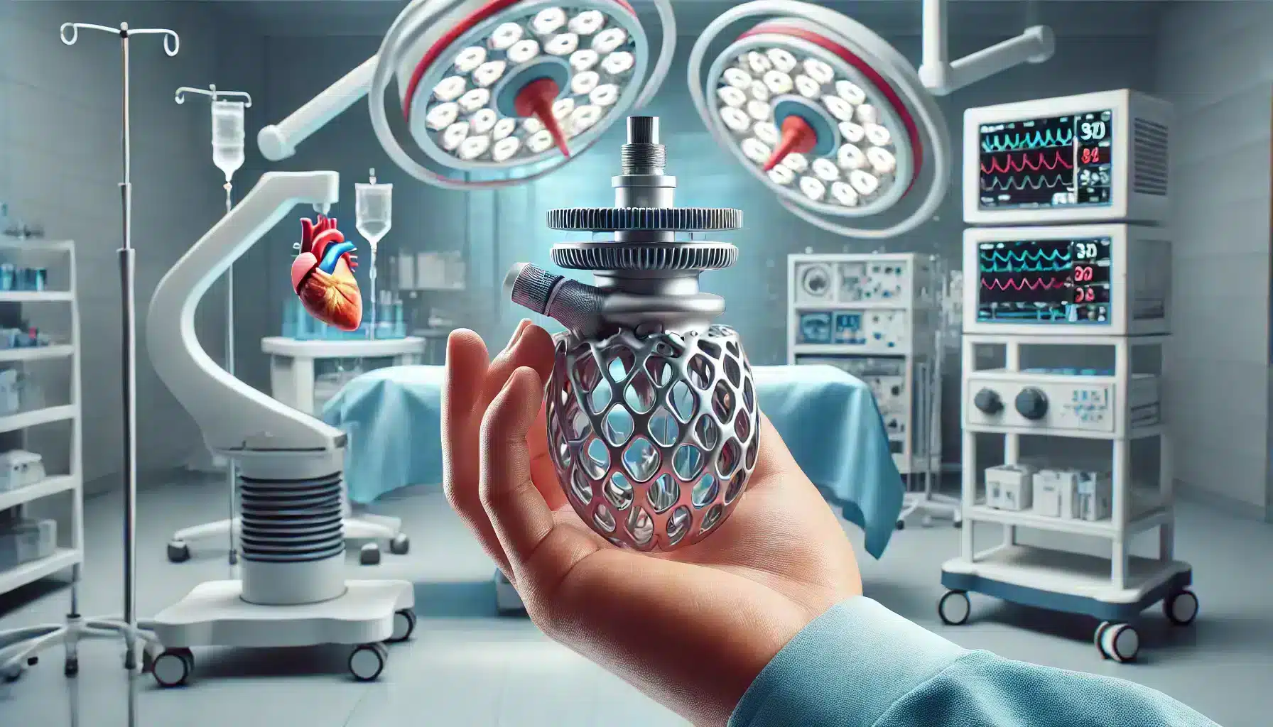 Mechanical Heart Valve Care - Doctor holding a mechanical heart valve implant in an operating room, illustrating the importance of proper heart valve maintenance and care.