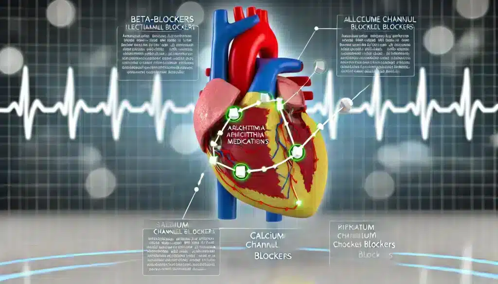 Conceptual representation of how arrhythmia medications work in the heart, showing an illustration of a human heart with highlighted pathways representing electrical activity and medication interaction. The image demonstrates the mechanisms of action for medications like beta-blockers, calcium channel blockers, sodium channel blockers, and potassium channel blockers in managing arrhythmias by blocking or slowing electrical signals.