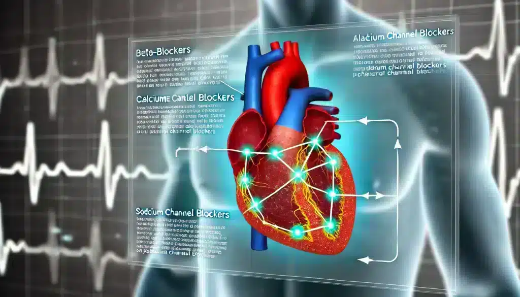 Conceptual representation of how arrhythmia medications work in the heart, showing an illustration of a human heart with highlighted pathways representing electrical activity and medication interaction. The image demonstrates the mechanisms of action for medications like beta-blockers, calcium channel blockers, sodium channel blockers, and potassium channel blockers in managing arrhythmias by blocking or slowing electrical signals.