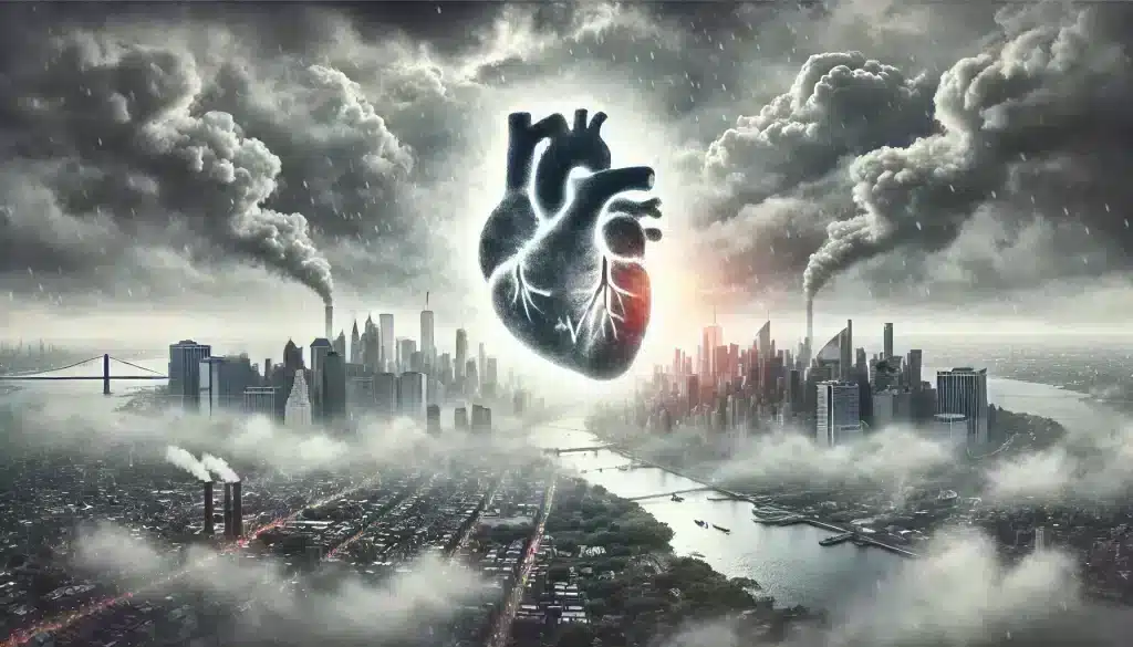 A large human heart with roots connected to a dry, cracked earth, set against a polluted sky with a distant factory emitting smoke, symbolizing the effects of climate change on heart health.