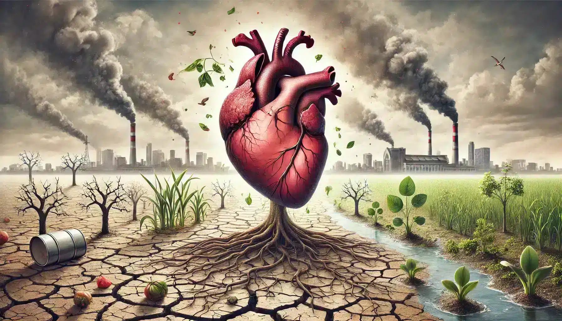 Symbolic representation of the impact of climate change on cardiovascular health, featuring a city skyline under a polluted sky with a heart graphic overlay, illustrating the link between environmental factors and heart disease.