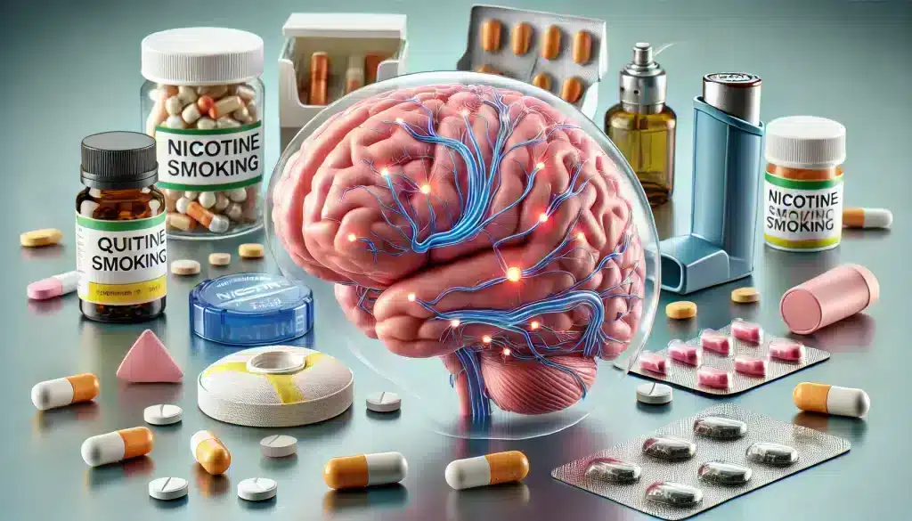 An illustration of how medications aid in quitting smoking, featuring a human brain with highlighted neural pathways and surrounding elements like a nicotine patch, pills, and an inhaler, symbolizing the effect of medication on reducing cravings and withdrawal symptoms.