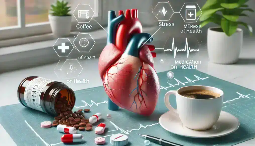 A medical illustration of a human heart with arrows pointing to factors like caffeine, stress, and medication, emphasizing their influence on heart health and arrhythmias.