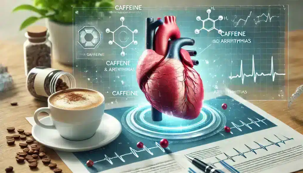 A scientific illustration of the human heart with a coffee cup, linking caffeine effects to heart arrhythmias, emphasizing the impact of caffeine on heart health.