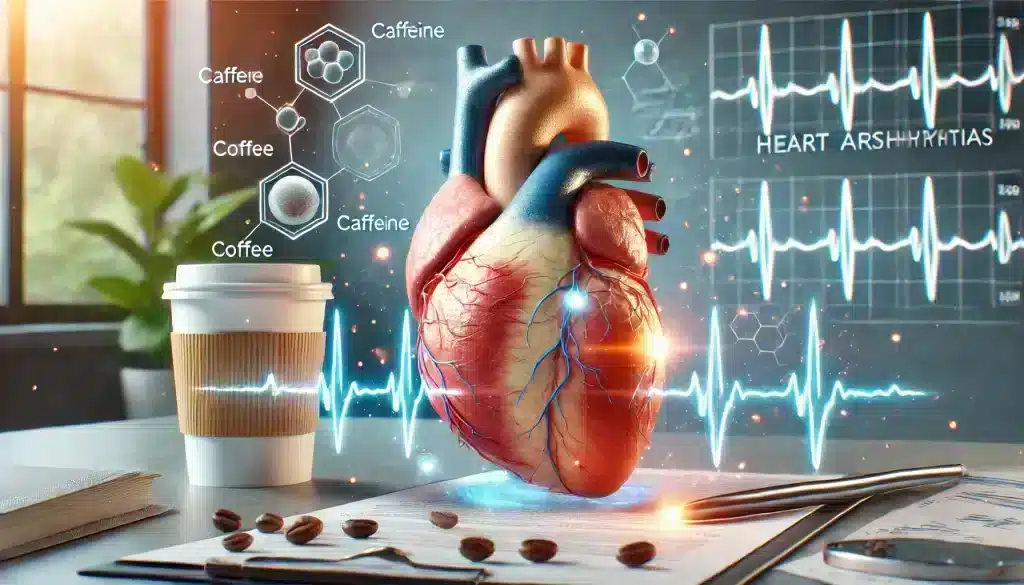 A medical illustration of the human heart with electrical signals, highlighting heart arrhythmias and a coffee cup, representing the link between caffeine and heart health.