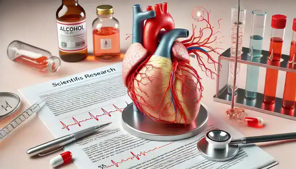 Mechanisms linking alcohol to heart failure: A human heart model with arteries and veins, alongside medical research documents and tools.