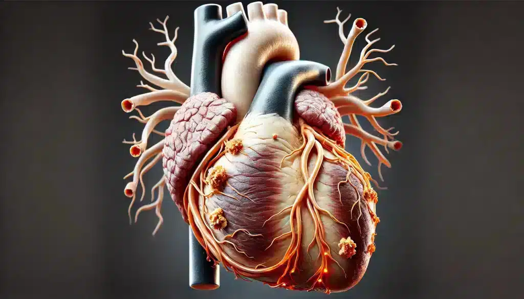 heart showing coronary artery damage caused by smoking chemicals like nicotine and carbon monoxide, with visible plaque buildup and narrowing of the arteries, demonstrating the harmful effects on coronary artery health.