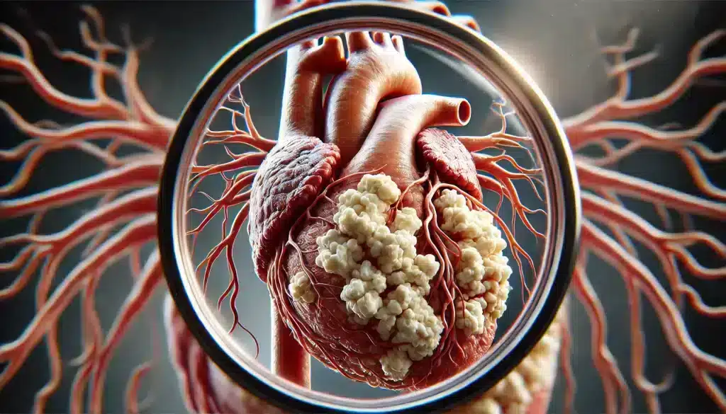 the long-term effects of smoking on coronary arteries, with significant plaque buildup and hardened arteries due to atherosclerosis. This image highlights the severe impact of prolonged smoking on coronary artery health.