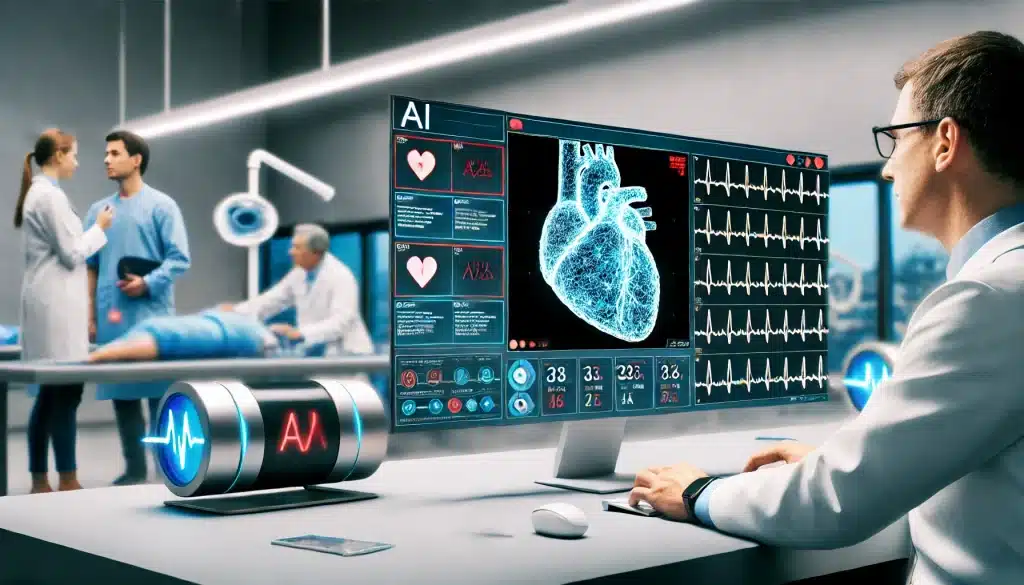 The impact of artificial intelligence in cardiology, showing a cardiologist using AI-powered software in a high-tech lab with heart monitors and digital diagnostics, highlighting AI's role in enhancing heart disease diagnosis and treatment planning.