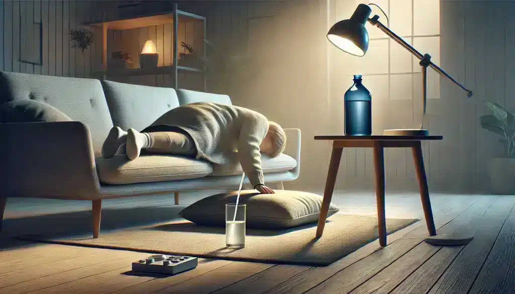 Immediate steps to take when feeling dizzy at home, including sitting or lying down with legs elevated. The image shows a calm setting with a sofa, a glass of water, and soothing elements like a small plant, emphasizing relaxation and safety. This scene represents managing dizziness at home effectively.