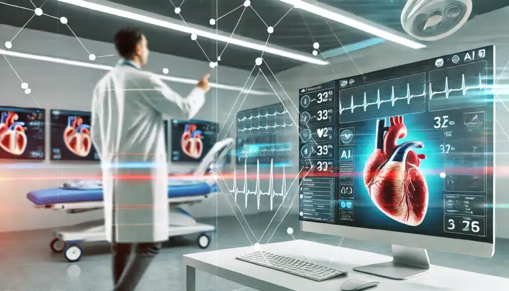 The impact of artificial intelligence in cardiology, showing a cardiologist using AI-powered software in a high-tech lab with heart monitors and digital diagnostics, highlighting AI's role in enhancing heart disease diagnosis and treatment planning.