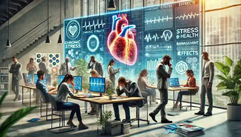 A realistic, photo-like scene illustrating the impact of chronic stress on heart health. The image features a diverse group of individuals in a modern office setting, visibly stressed with cluttered desks, tense body language, and digital devices contributing to their stress. In the background, a holographic heart displays the effects of stress on cardiovascular health, accompanied by health charts and a professional providing stress management advice on a screen. The scene also includes symbols of stress management techniques such as breathing exercises, mindfulness apps, and calming visuals, creating a balanced representation of stress and its management.