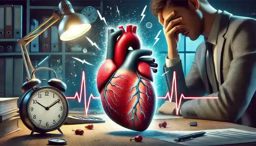 Illustration of the impact of stress on heart health, showing a human heart with stress indicators like lightning bolts and irregular heartbeat lines, set against a background symbolizing stress factors such as a cluttered desk and a worried person.