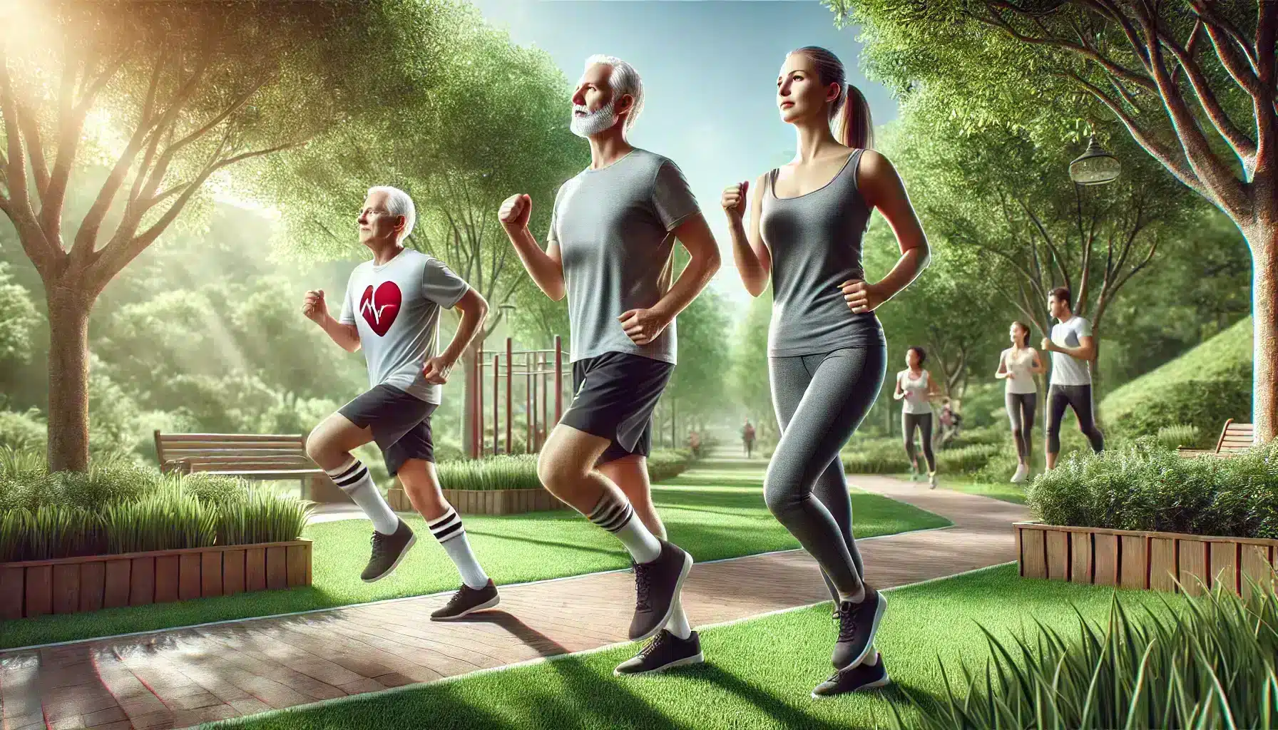 xercise Guidelines for Coronary Artery Disease Patients: A group of diverse individuals, including middle-aged adults, engaging in light exercises like brisk walking and stretching in a vibrant park setting, demonstrating the positive effects of exercise on heart health.