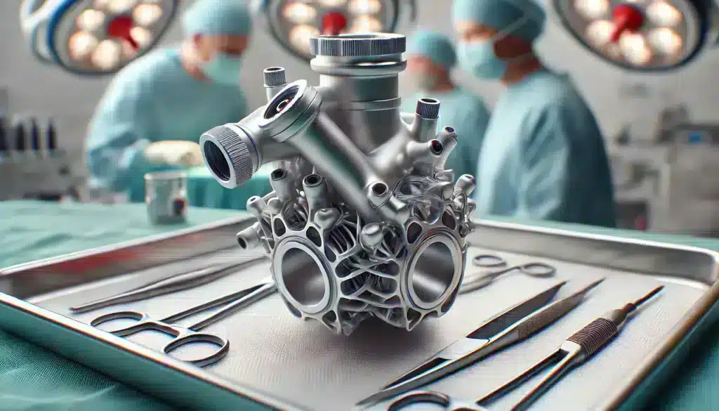 A close-up of a mechanical heart valve on a medical tray, showing its structure and materials, part of the guide to Mechanical Heart Valve Care.