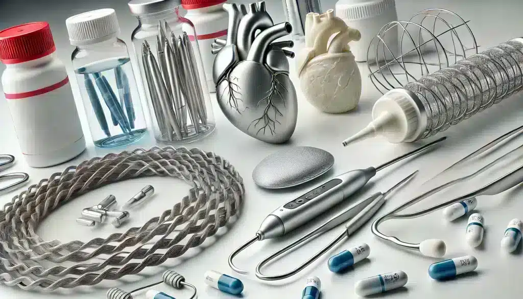 Close-up view of medical devices and drugs used in the latest clinical trials in cardiology, including stents and pacemakers.