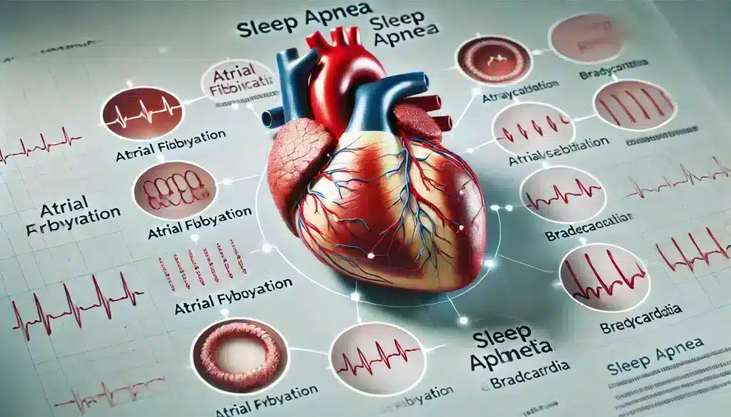 Medical diagram showing different types of arrhythmias, such as atrial fibrillation and bradycardia, which can be associated with sleep apnea. Sleep apnea increases the risk of these irregular heart rhythms.